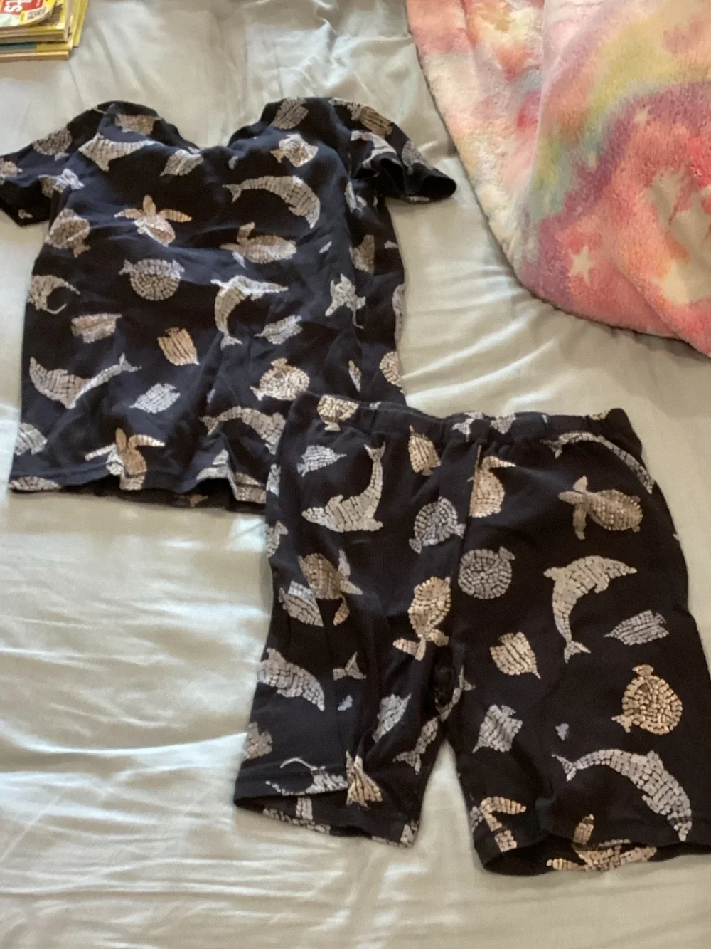 Navy Dolphin-Print Short Sleeve Kids Pajama Set